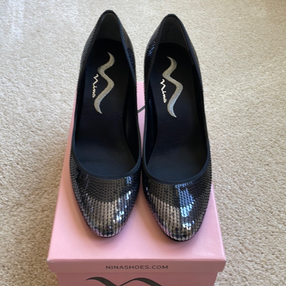 Nina sequin silver and black 3” heels